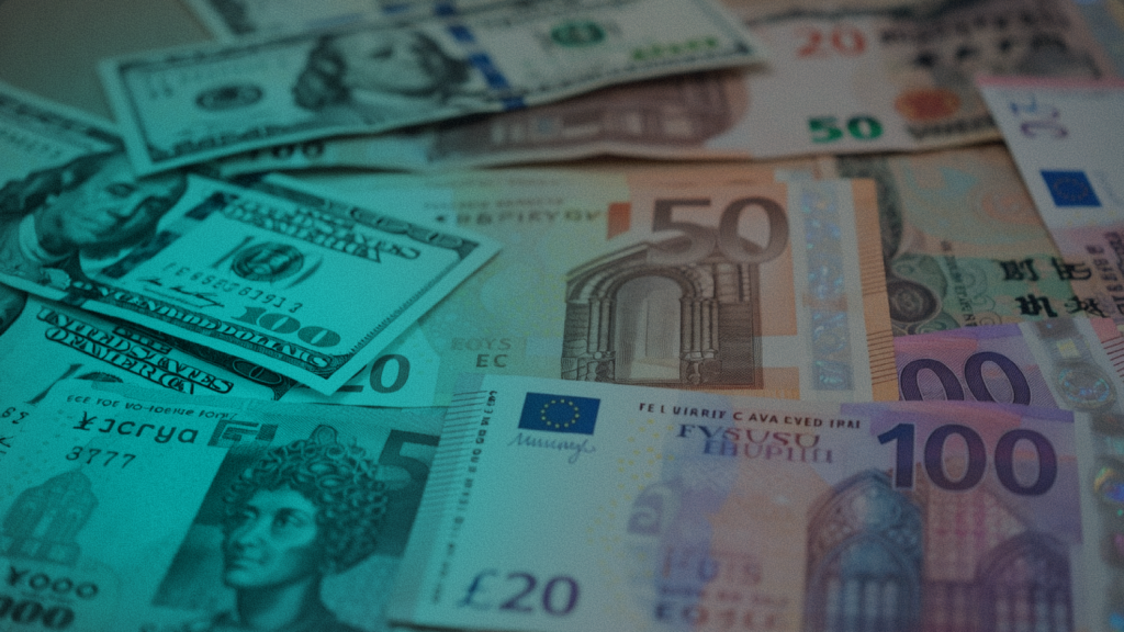 A collage of multi-currency banknotes including US Dollars, Euros, British Pounds, and African currencies under a teal-tinted filter, representing multi-currency trade corridors