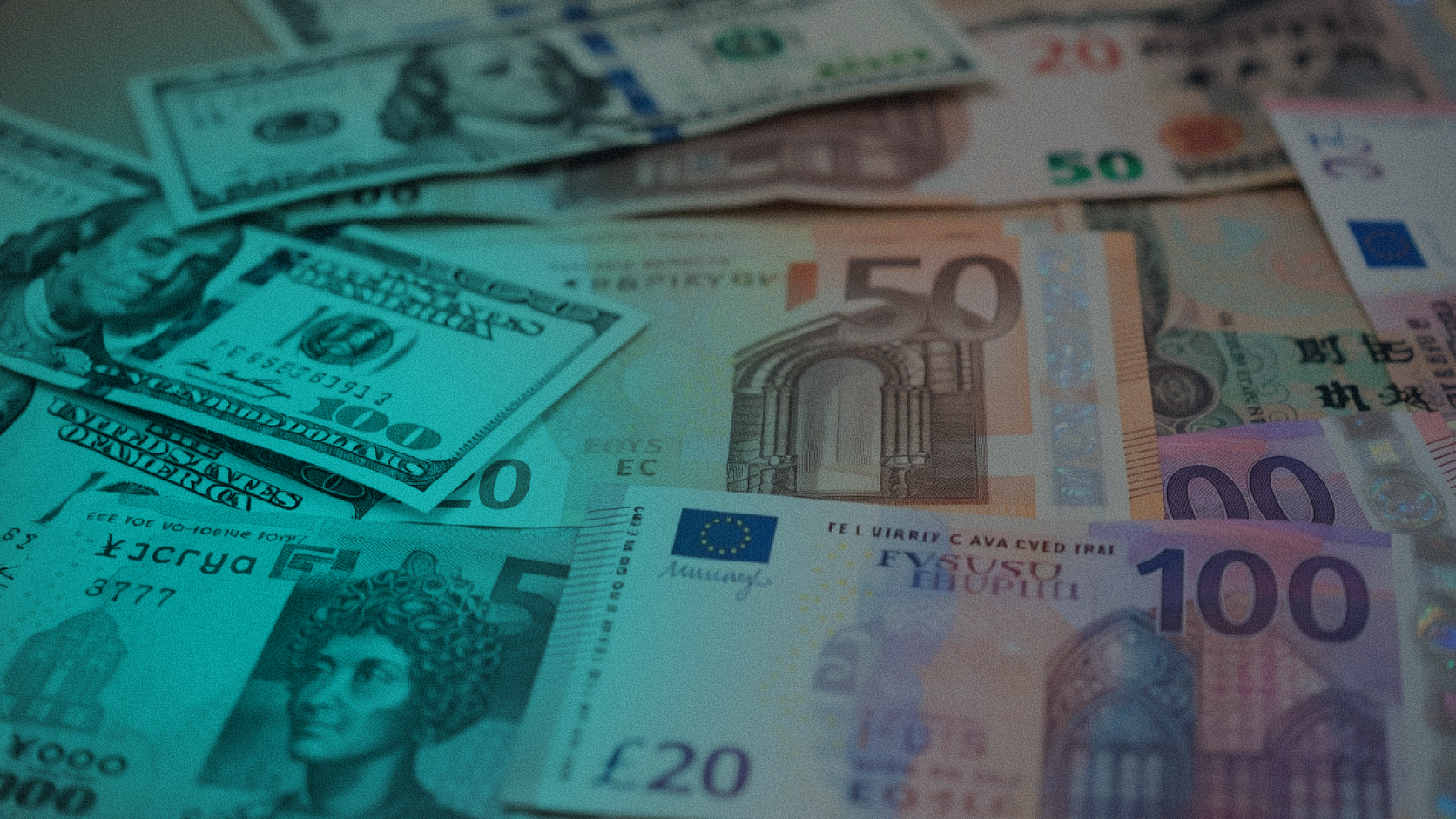 A collage of multi-currency banknotes including US Dollars, Euros, British Pounds, and African currencies under a teal-tinted filter, representing multi-currency trade corridors