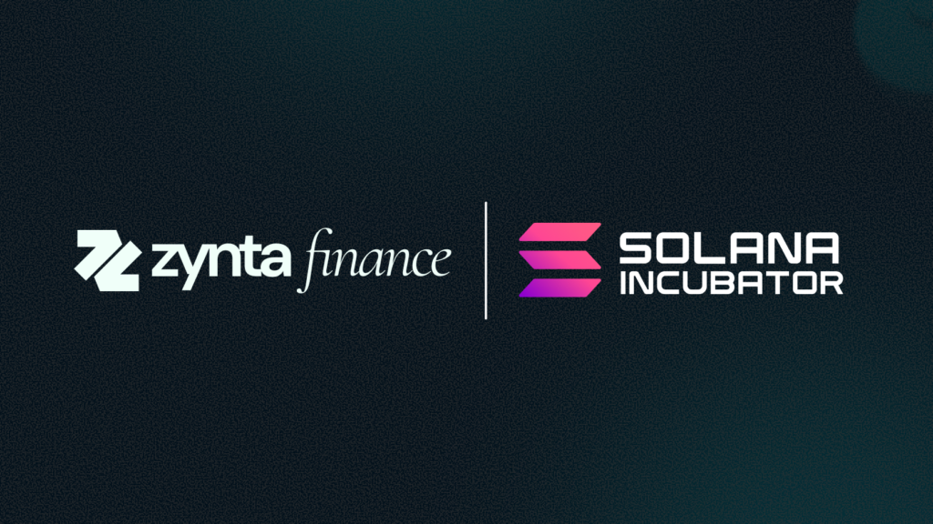 Graphic showcasing the Zynta Finance logo alongside the Solana Incubator logo, separated by a vertical divider against a dark, textured background