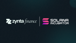 Graphic showcasing the Zynta Finance logo alongside the Solana Incubator logo, separated by a vertical divider against a dark, textured background