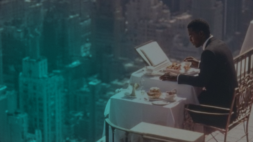 A man in a suit sitting at a table on a high balcony overlooking a vast cityscape with a teal-tinted filter, representing strategic financial perspective and global economic infrastructure