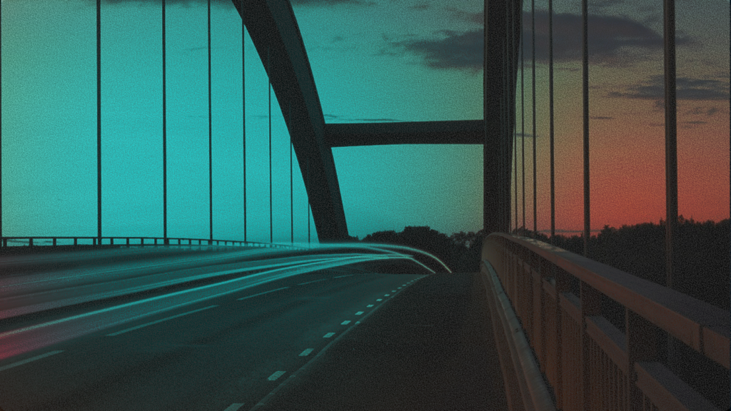 Arch bridge with light trails bridging a split turquoise and red background representing fast cross-border payment infrastructure