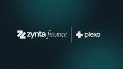 Zynta Finance and Plexo logos side by side on a dark green background, announcing their institutional stablecoin clearing partnership