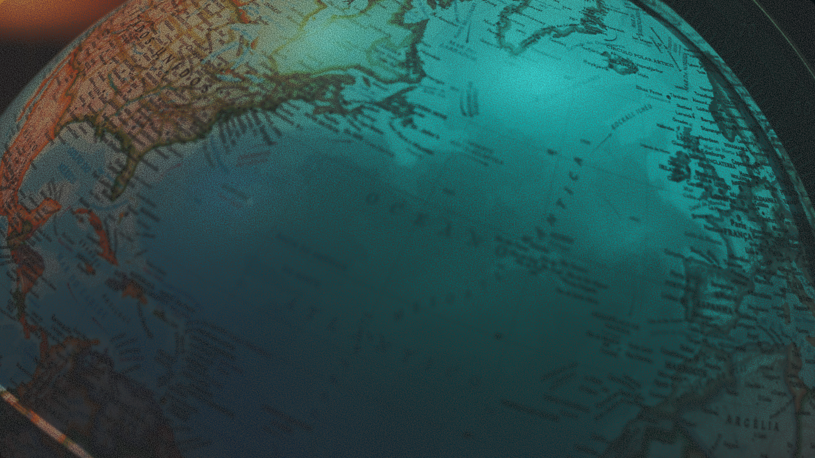 Close-up view of a globe illuminated in teal and warm light showing international cross-border corridors