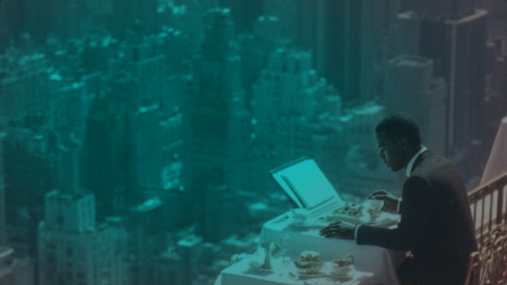 Professional sitting at a high-rise office table overlooking a city skyline, reflecting Zynta's institutional approach to cross-border stablecoin payments and global financial infrastructure